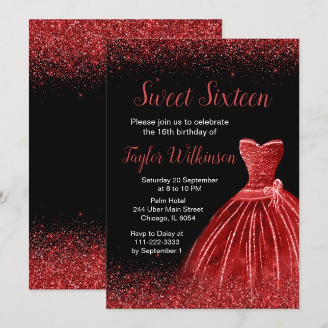 Bright Red Dress Faux Glitter Sweet 16 Birthday Invitation (Front/Back)