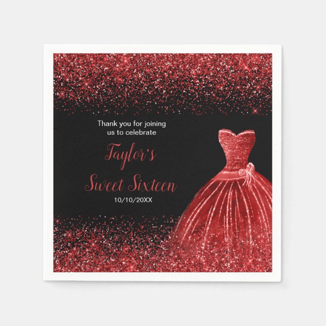 Bright Red Dress Faux Glitter Sweet 16 Birthday Napkin (Front)