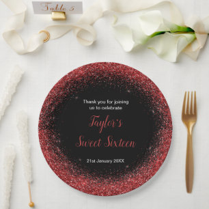 Bright Red Dress Faux Glitter Sweet 16 Birthday Paper Plate