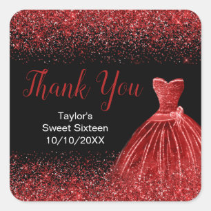 Bright Red Dress Faux Glitter Sweet 16 Birthday Square Sticker