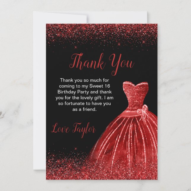 Bright Red Dress Faux Glitter Sweet 16 Birthday Thank You Card (Front)