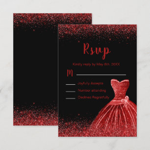 Bright Red Dress Faux Glitter Sweet 16 RSVP Card