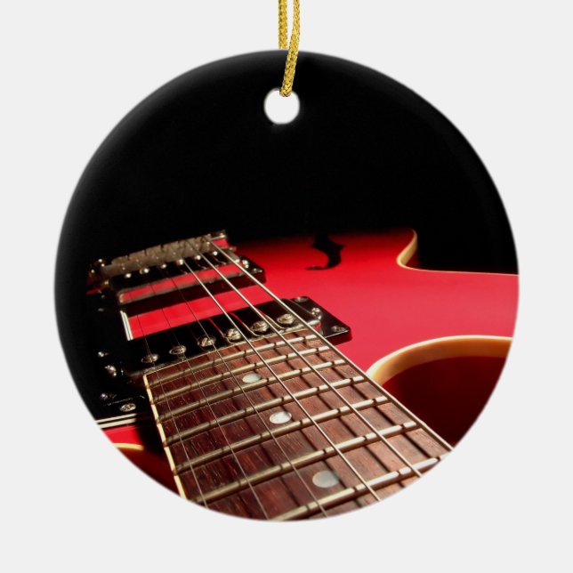 Bright Red Electric Guitar Photo Ceramic Tree Decoration (Front)