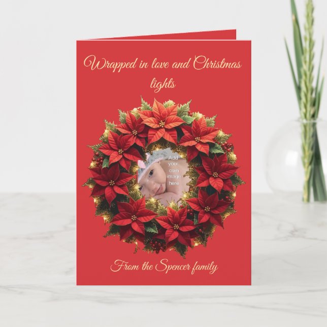 Bright Red Festive Poinsettia and Greenery Circle Card (Front)