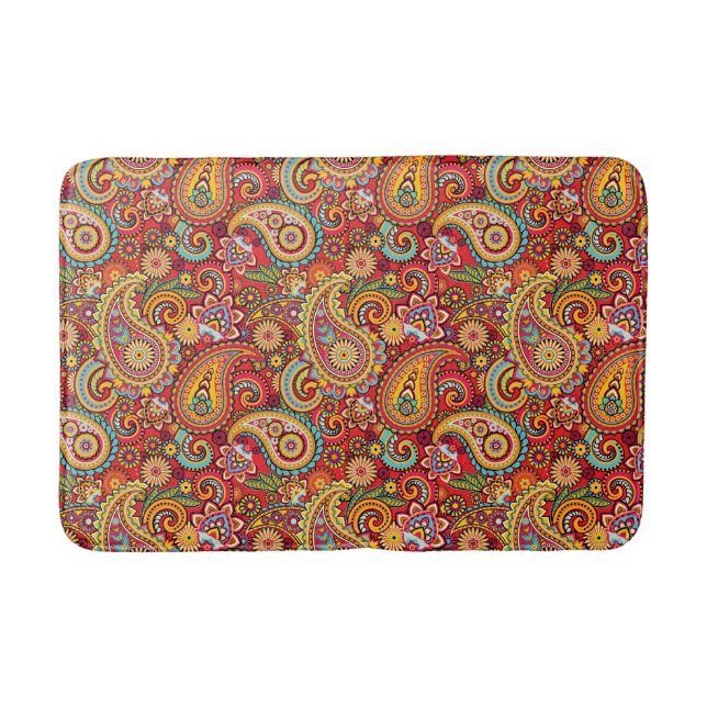Bright Red Floral paisley bohemian pattern Bath Mat (Front)