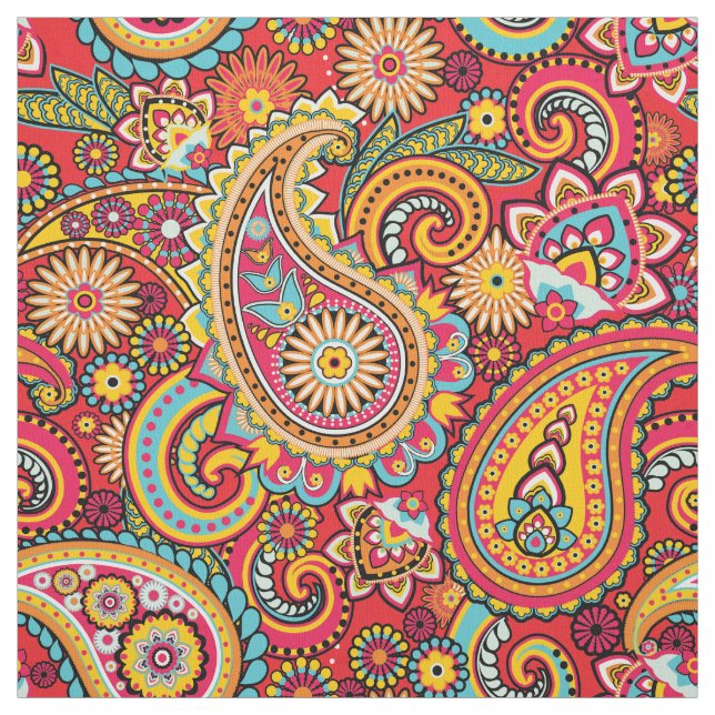 Bright Red Floral paisley bohemian pattern Fabric (Swatch)