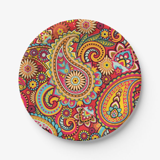 Bright Red Floral paisley bohemian pattern Paper Plate (Front)