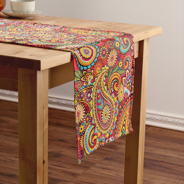 Bright Red Floral paisley bohemian pattern Short Table Runner (In Situ)