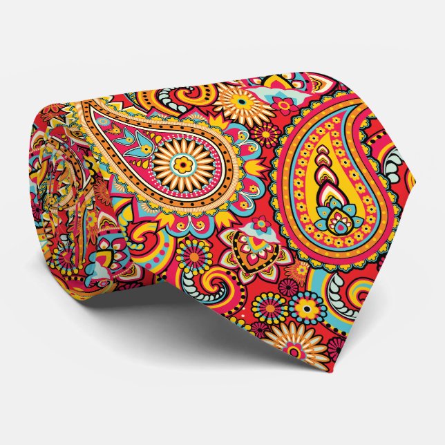 Bright Red Floral paisley bohemian pattern Tie (Rolled)