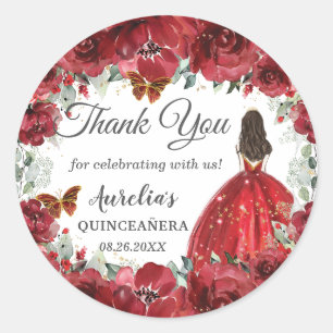 Bright Red Floral Peony Butterflies Princess Favou Classic Round Sticker