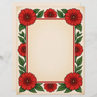 Bright Red Flowers & Frame Stationery Paper Custom Letterhead