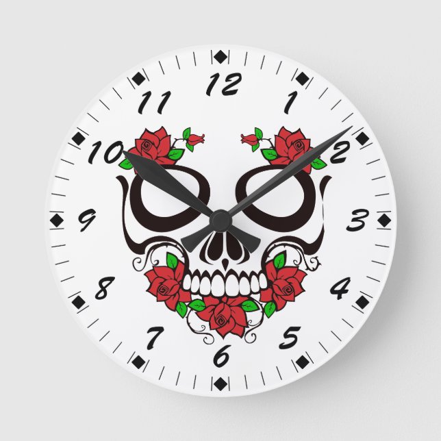 Bright Red Flowers Green Leaves Sugar Skull Round Clock (Front)