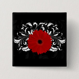 Bright Red Gerbera Daisy on Black 15 Cm Square Badge