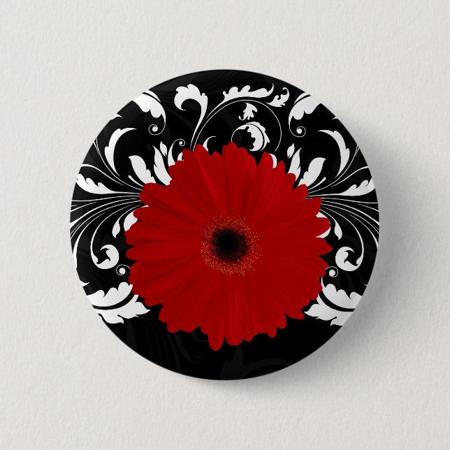 Bright Red Gerbera Daisy on Black 6 Cm Round Badge (Front)