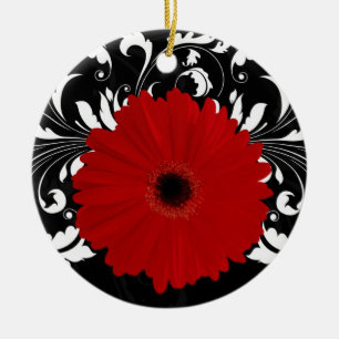 Bright Red Gerbera Daisy on Black Ceramic Tree Decoration