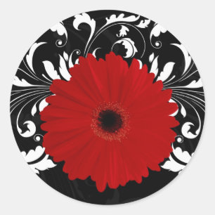 Bright Red Gerbera Daisy on Black Classic Round Sticker