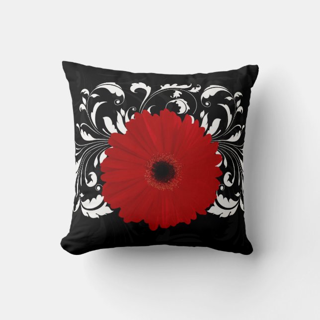 Bright Red Gerbera Daisy on Black Cushion (Front)
