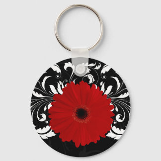 Bright Red Gerbera Daisy on Black Key Ring