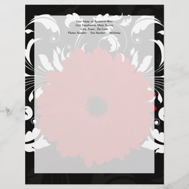 Bright Red Gerbera Daisy on Black Letterhead Template (Front)