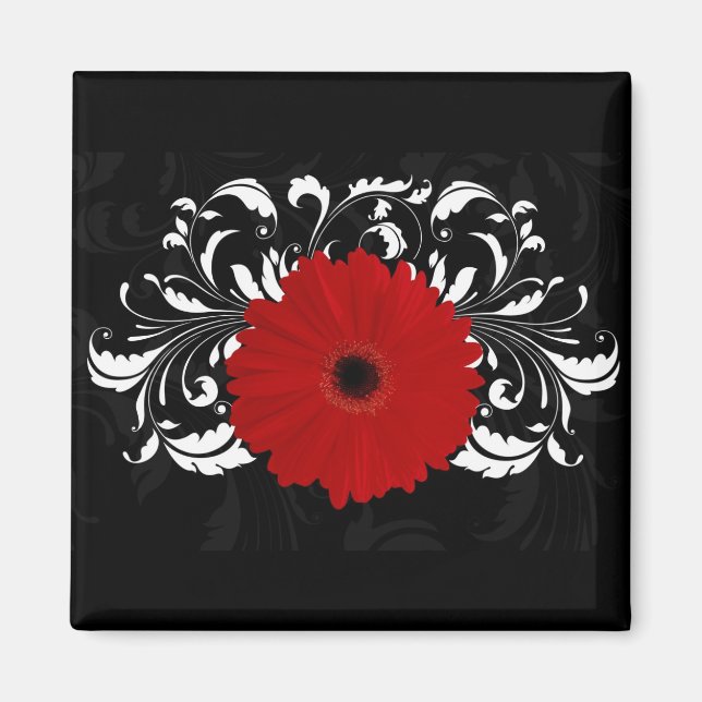 Bright Red Gerbera Daisy on Black Magnet (Front)