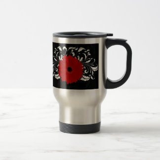 Bright Red Gerbera Daisy on Black Travel Mug