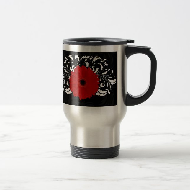 Bright Red Gerbera Daisy on Black Travel Mug (Right)