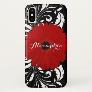 Bright Red Gerbera Daisy Pretty Black Monogram iPhone X Case