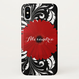 Bright Red Gerbera Daisy Pretty Black Monogram iPhone X Case