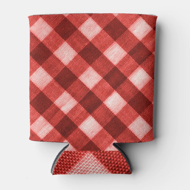 Bright red gingham: close-up texture. can cooler (Front)