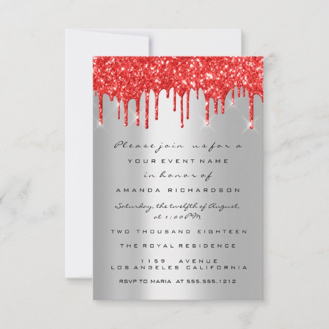 Bright Red Glitter Drips Silver Bridal Sweet 16th Invitation (Front)
