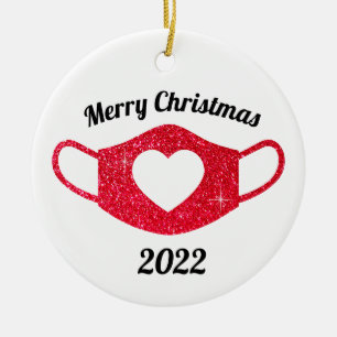 Bright Red Glitter Sparkly Heart Face Mask 2020 Ceramic Tree Decoration