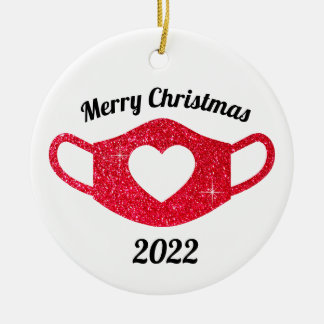 Bright Red Glitter Sparkly Heart Face Mask 2020 Ceramic Tree Decoration
