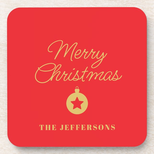 Bright Red & Gold Colors Merry Christmas Coaster (Front)