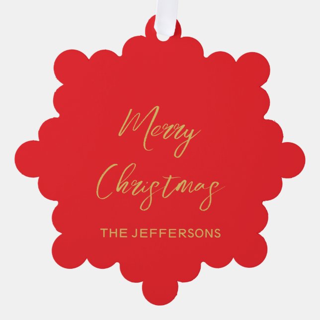 Bright Red & Gold Colours Merry Christmas Tree Decoration Card (Front)