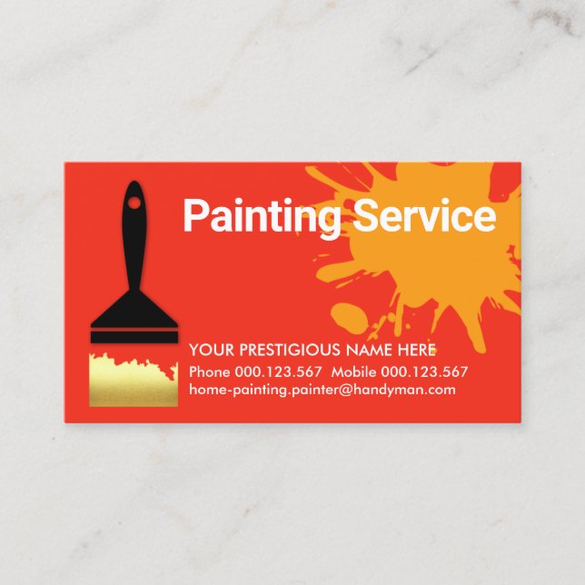Bright Red Gold Paint Brush Painter Business Card (Front)