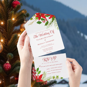 Bright Red Green Christmas Poinsettia Wedding All In One Invitation