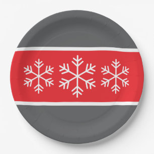 Bright Red Grey White Stripes Alpine Snowflakes Paper Plate