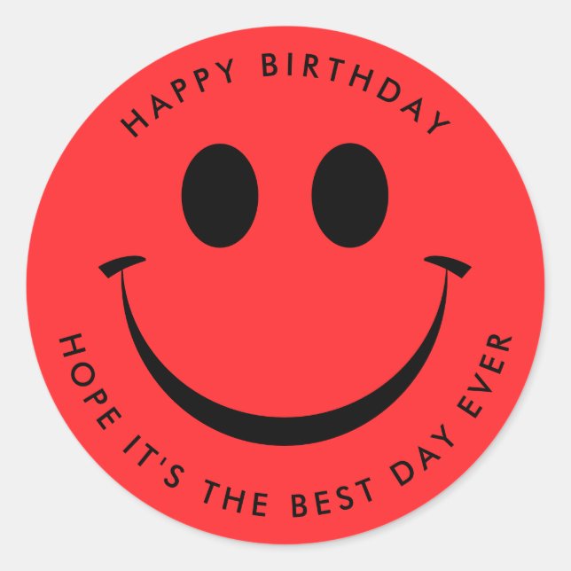 Bright Red Happy Face Birthday Classic Round Sticker (Front)