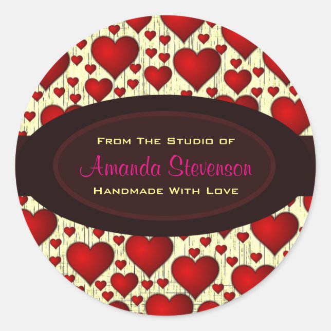 Bright Red Hearts Handmade With Love Classic Round Sticker (Front)