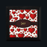 Bright Red Hearts Pattern with Burgundy Nameplate Gift Box<br><div class="desc">A pattern of bright red romantic hearts,  some big some small on a yellow background. Subtle black lines between the hearts give it an interesting looking texture. Personalise / customise with a name or initials written inside a fancy dark red burgundy oval nameplate across the centre of the design..</div>