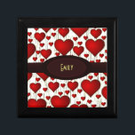 Bright Red Hearts Pattern with Burgundy Nameplate Gift Box<br><div class="desc">A pattern of bright red romantic hearts,  some big some small on a yellow background. Subtle black lines between the hearts give it an interesting looking texture. Personalise / customise with a name or initials written inside a fancy dark red burgundy oval nameplate across the centre of the design..</div>
