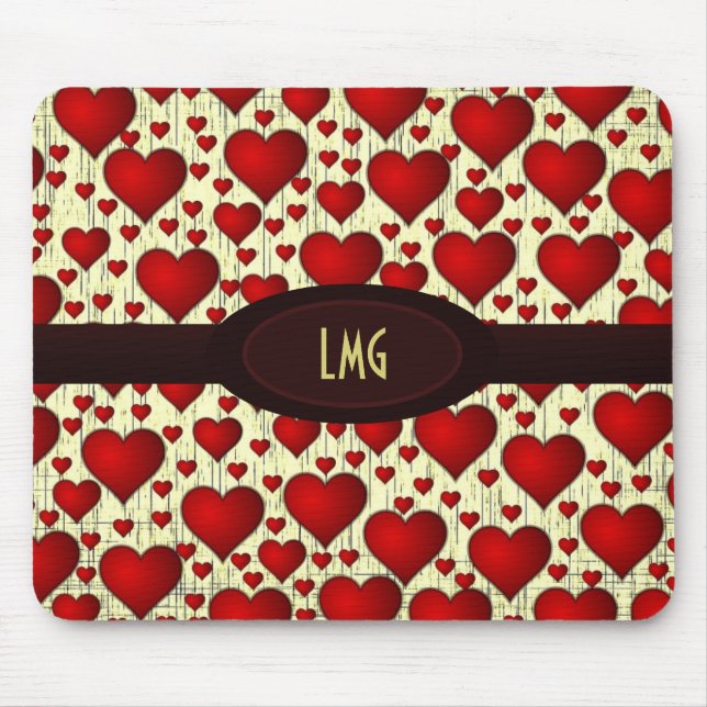 Bright Red Hearts Pattern with Burgundy Nameplate Mouse Mat (Front)