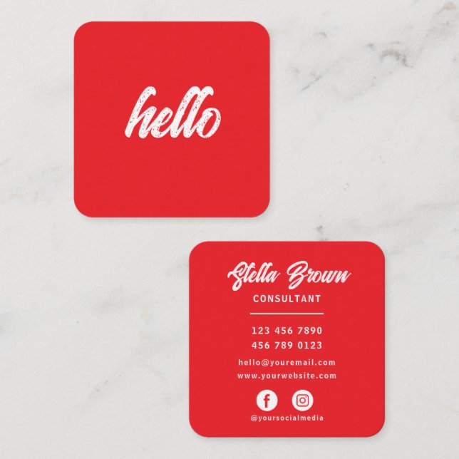 Bright Red Hello Chic Bold Text Square Business Card (Front/Back)