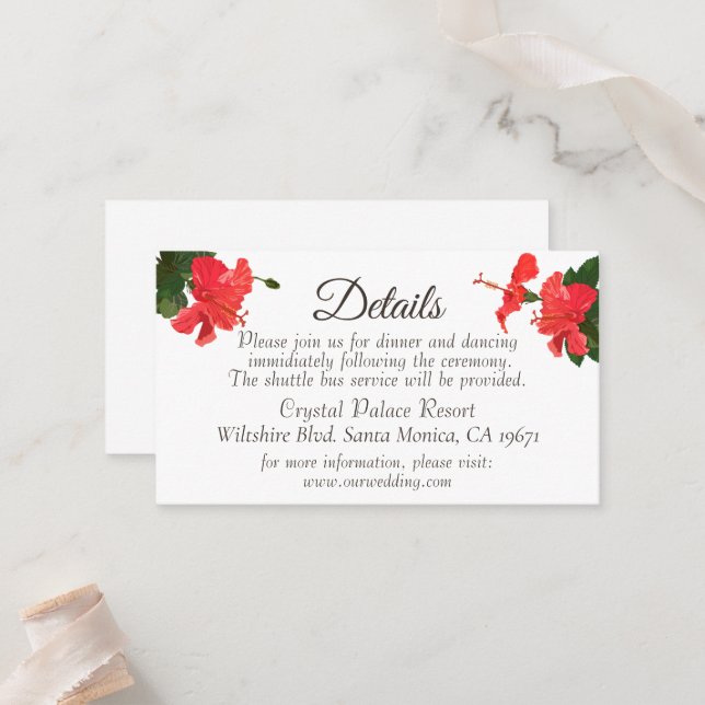 Bright Red Hibiscus Wedding details Enclosure card (Front/Back In Situ)