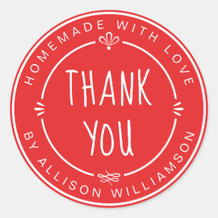 Bright Red Homemade Thank You Classic Round Sticker