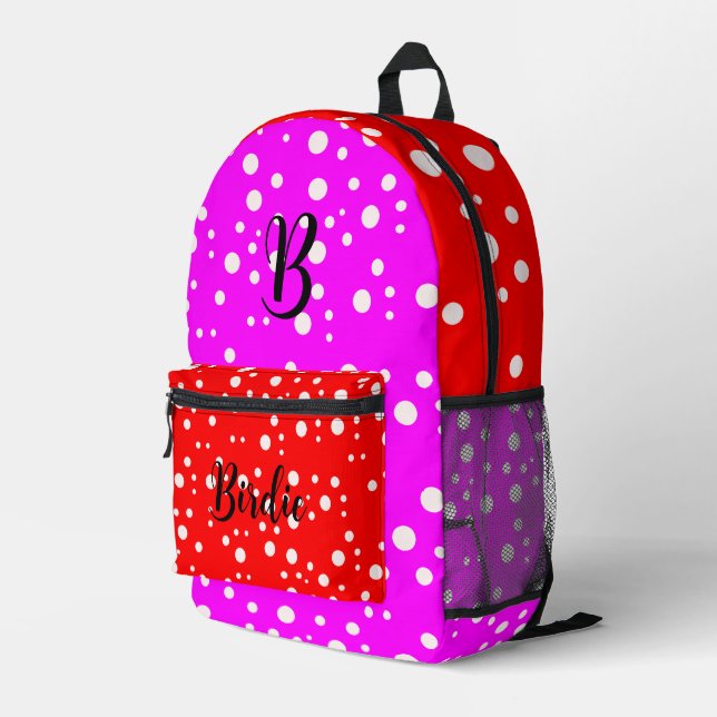 Bright Red & Hot Pink Colour (Initial Letter Name) Printed Backpack (Back Corner Right)