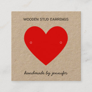 Bright Red I love Heart Handmade Earrings Holder Square Business Card