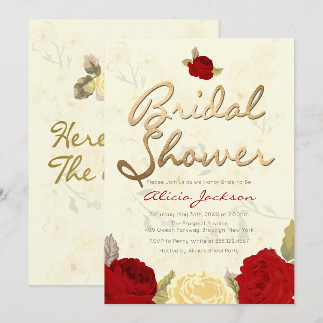 Bright Red & Ivory Floral Bridal Shower Invitation (Front/Back)
