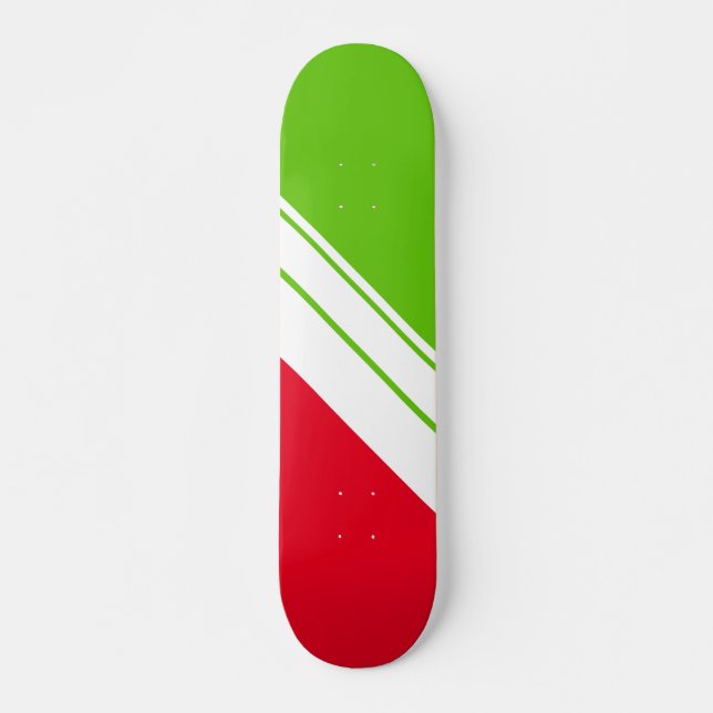 Bright Red Lime Green Slant White Racing Stripes Skateboard (Front)