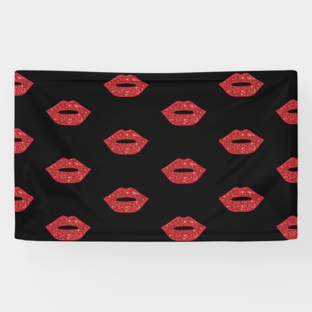 Bright Red Lips Glitter Kisses Elegant Feminine Banner (Horizontal)